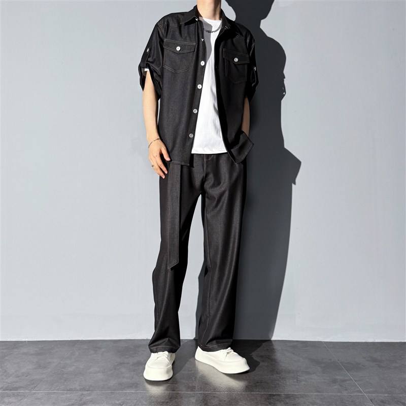 莱德的搭配 时尚宽松软牛仔套装夏季男薄款短袖衬衫裤子两件套潮