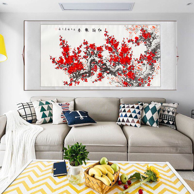 国画梅花喜上眉梢客厅办公室花鸟挂画餐厅装饰画四尺装裱横幅卷轴