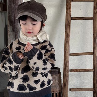暮晨家新款早春2025男童豹纹毛线衣儿童宝宝森系圆领上衣保暖内搭