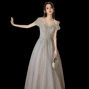 晚礼服女气质主持宴会长裙小个子一字肩法式生日大码成人礼连衣裙