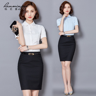 OL女装 短袖 面试正装 夏季 工作服女 职业套装 白色雪纺衬衣工装 女衬衫