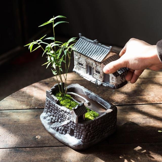 懒人盆栽创意陶瓷房子绿植花盆文竹水养办公桌发财树摆件植物盆景