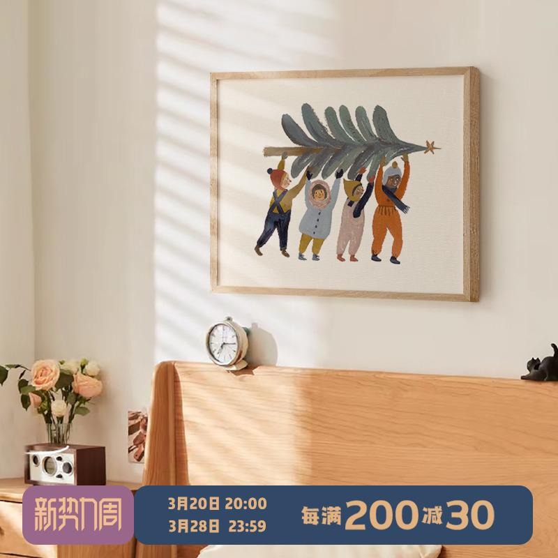 北欧ins儿童房挂画卧室小清新可爱插画原木餐厅电表箱装饰画遮挡图片