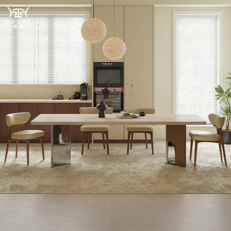 暮奢包豪斯覆古洞石岩板餐桌椅实木家用别墅中古风下挂长方形餐桌