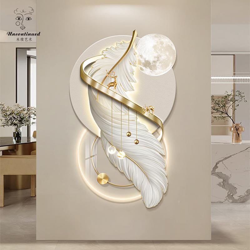 现代轻装奢LIX入户玄关饰画客走廊过道带LED厅灯羽毛挂寓画意好壁