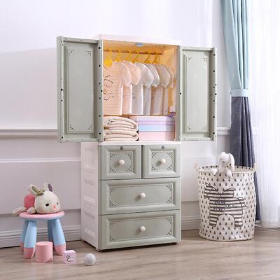 双开间58012B门收纳柜抽屉式多层塑料挂室衣柜儿童衣卧卫生置物地