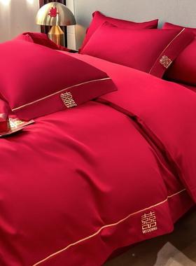 简约磨毛新婚庆床大套上件红WZ100860色刺绣结婚喜被套备婚陪嫁妆