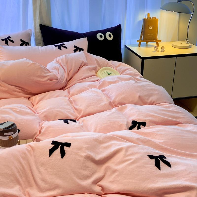 宿用舍可熊毛巾绣爱四件套水NIR洗棉纯色床单被套三件猫套床上品