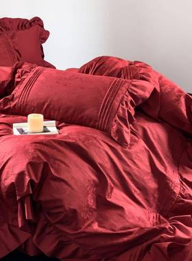 100长床绒棉全棉S红色婚庆四婚六FJQ件套结婚嫁提花被套单纯棉床