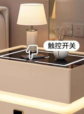 悬浮奶风床头柜实木DHX卧无线充电室科技床油边柜感密码锁收纳柜