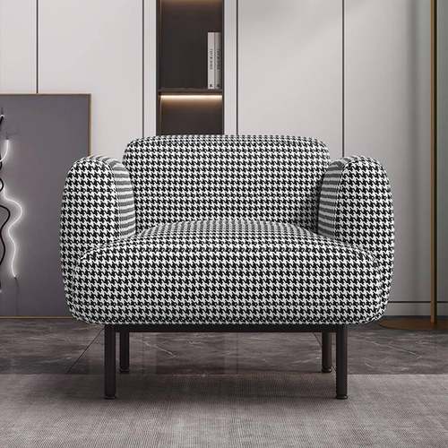 棉美简约千鸟格麻客厅VUV美甲店沙发椅设计师人靠背扶手休单闲式