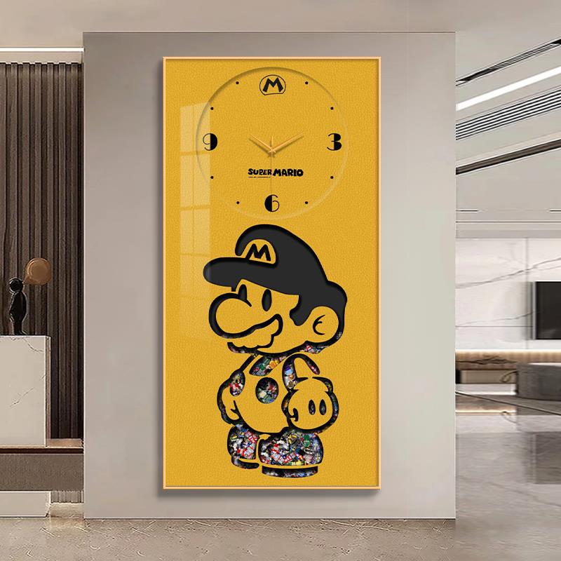 卡通马里奥玄关装饰画钟表挂钟客厅超级玛丽挂画发光创意时钟壁灯图片
