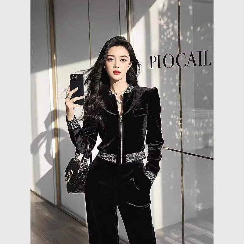 블랙 벨벳 중공업 하이 엔드 캐주얼 정장 여성 가을 ??기질 스트리트 전문 탑 와이드 레그 팬츠 투피스 세트