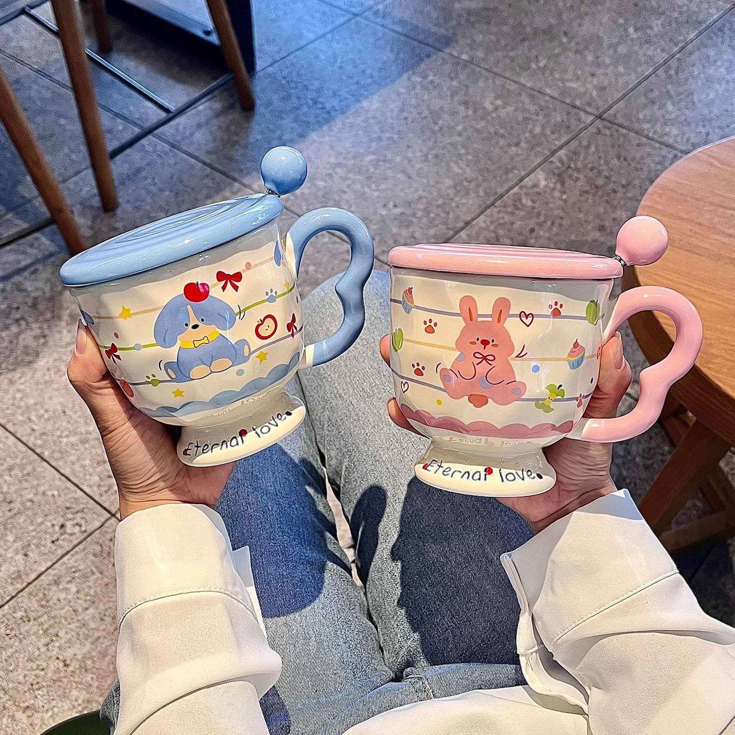 陶瓷杯子带盖带勺子高颜值马克杯2025新款水杯情侣家用咖啡早餐杯
