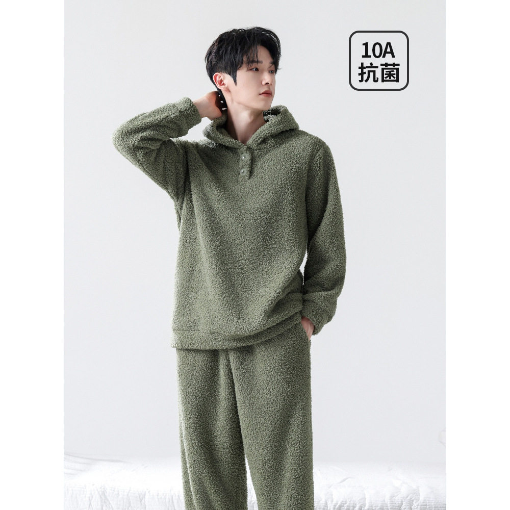 男士睡衣半边绒连帽套头家居服男款加绒加厚珊瑚绒套装秋冬新款