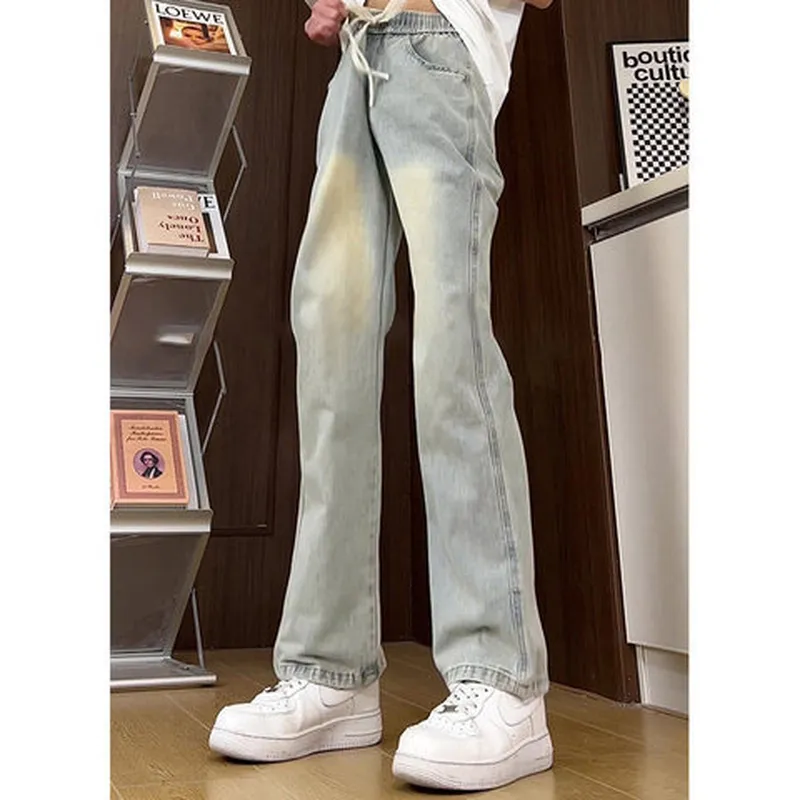 cleanfit裤子牛仔裤vibe风修身松紧腰男款美式微喇裤高街春秋直筒