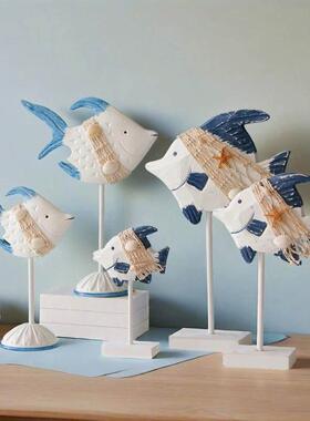 创意地中海风格木质小鱼桌面摆件家居客厅卧室海洋对鱼动物装饰品