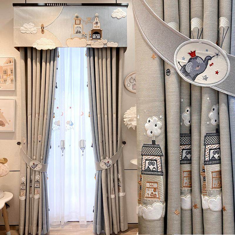 2025年新款儿童房男孩遮光卧室飘窗刺绣高档灰色定制窗帘异想空间