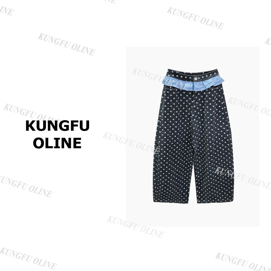 波点牛仔裤NZK82-30复古水洗做旧彩色爱心贴布牛仔裤女宽松长裤