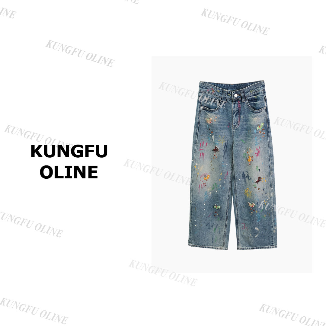 NZK76-32复古水洗做旧彩色爱心贴布牛仔裤女宽松长裤