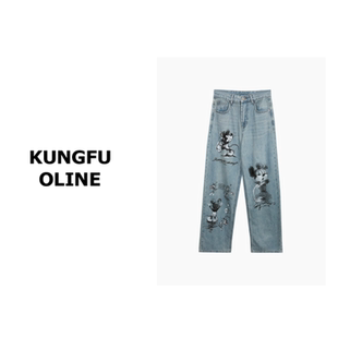 【闪闪】NZK6503设计感卡通鼠素描印花长裤重工时尚阔腿牛仔裤女