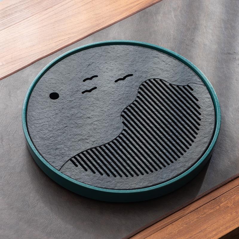 乌金石茶盘天然整块石头圆形茶海储水抽屉干泡小茶台家用简约托盘