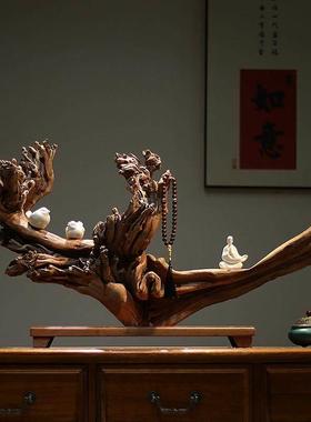 中式禅意根雕摆件天然原木风化枯木树根酒店茶室玄关侘寂风装饰品