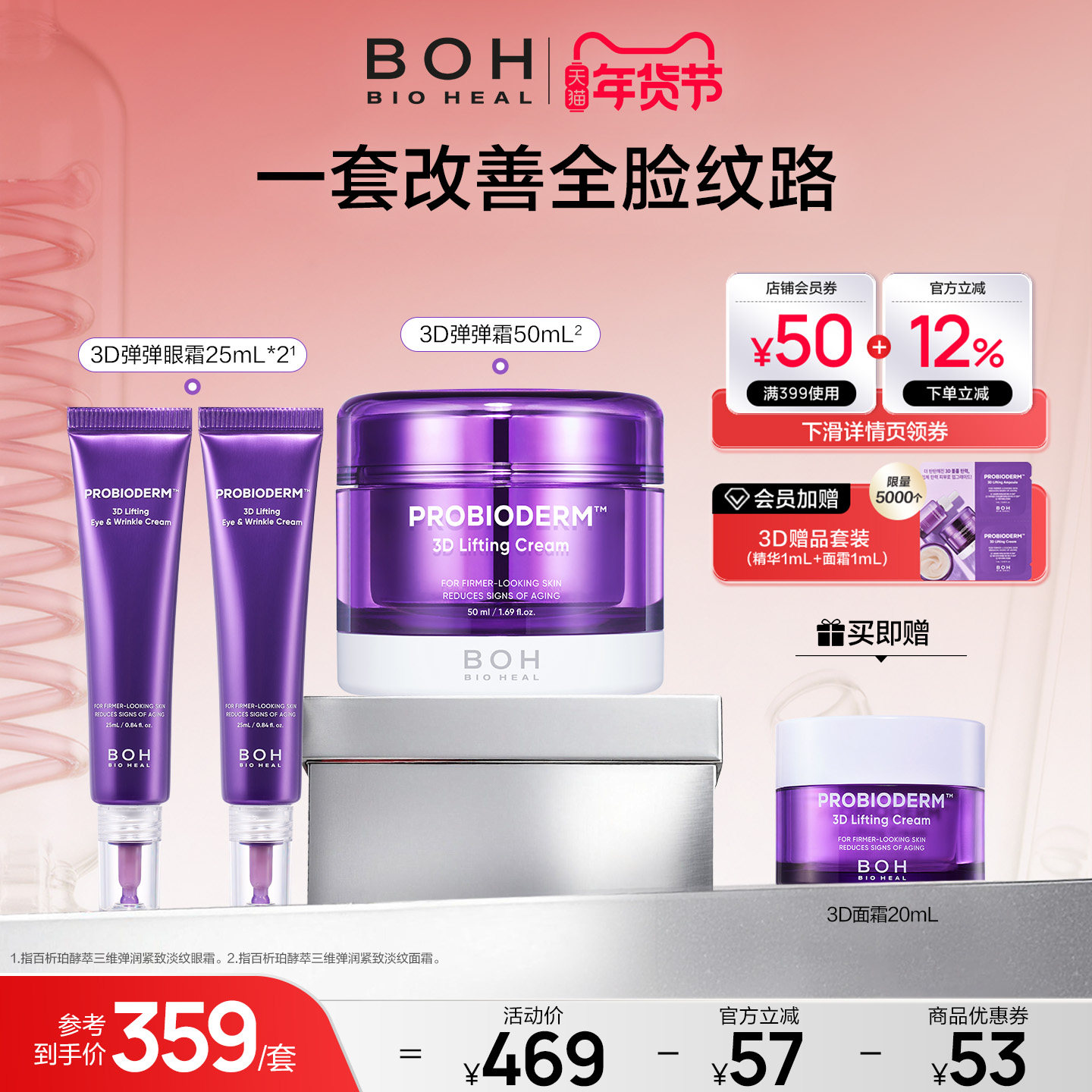 韩国BOH酵萃三维弹润眼霜25ml*2+3D面霜50ml淡纹紧致嘭弹保湿