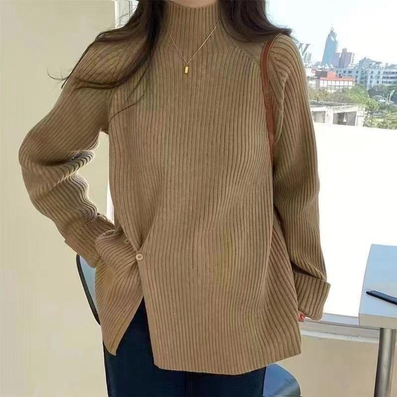 半高领不规则开叉纽扣毛衣女2024秋冬季新款宽松套头坑条针织衫女