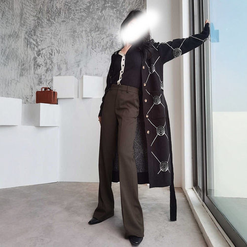 2025秋冬新款裤子高腰立体裁剪咖啡色磨毛微喇叭中性风阔腿长裤