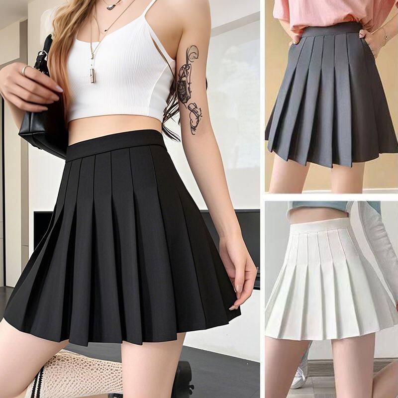 百褶裙带口袋夏季小个子松紧高腰弹力短裙女胖mm大码显瘦半身裙黑