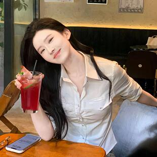 刘亦菲明星同款纯欲风JK辣妹气质翻领白衬衫女修身收腰开衫上衣