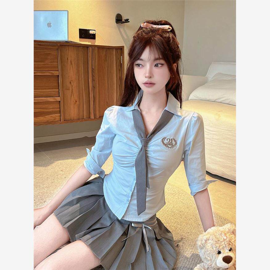 纯欲辣妹褶皱修身收腰衬衫短裙套装jk制服KTV桌球台球前台工作服