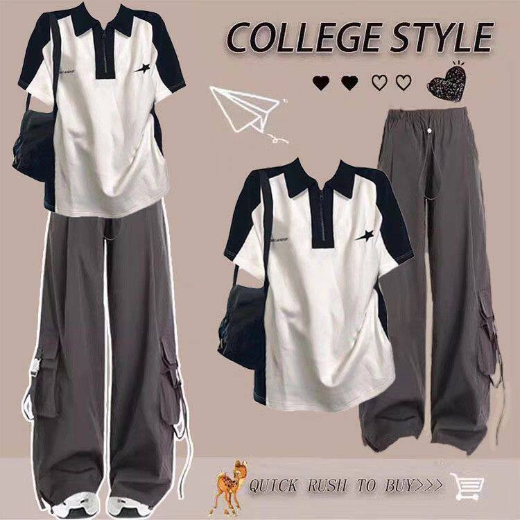 初中学生时尚套装少女炸街Polo短袖T恤宽松工装裤运动夏季两件套