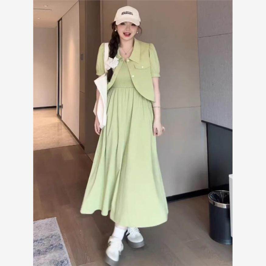 大码女装法式茶歇风吊带裙巨显瘦套装胖mm夏季新款遮肉时髦两件套