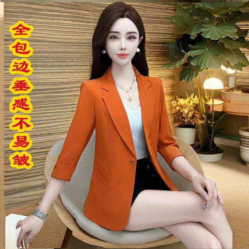 夏季薄款七分袖西装外套韩版修身大码纯色女装短款春季小个子西服