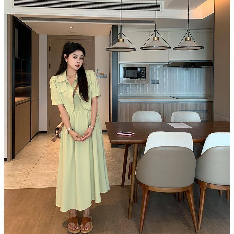 夏季新款微胖MM大码女装法式休闲吊带裙度假风防晒开衫两件套装裙