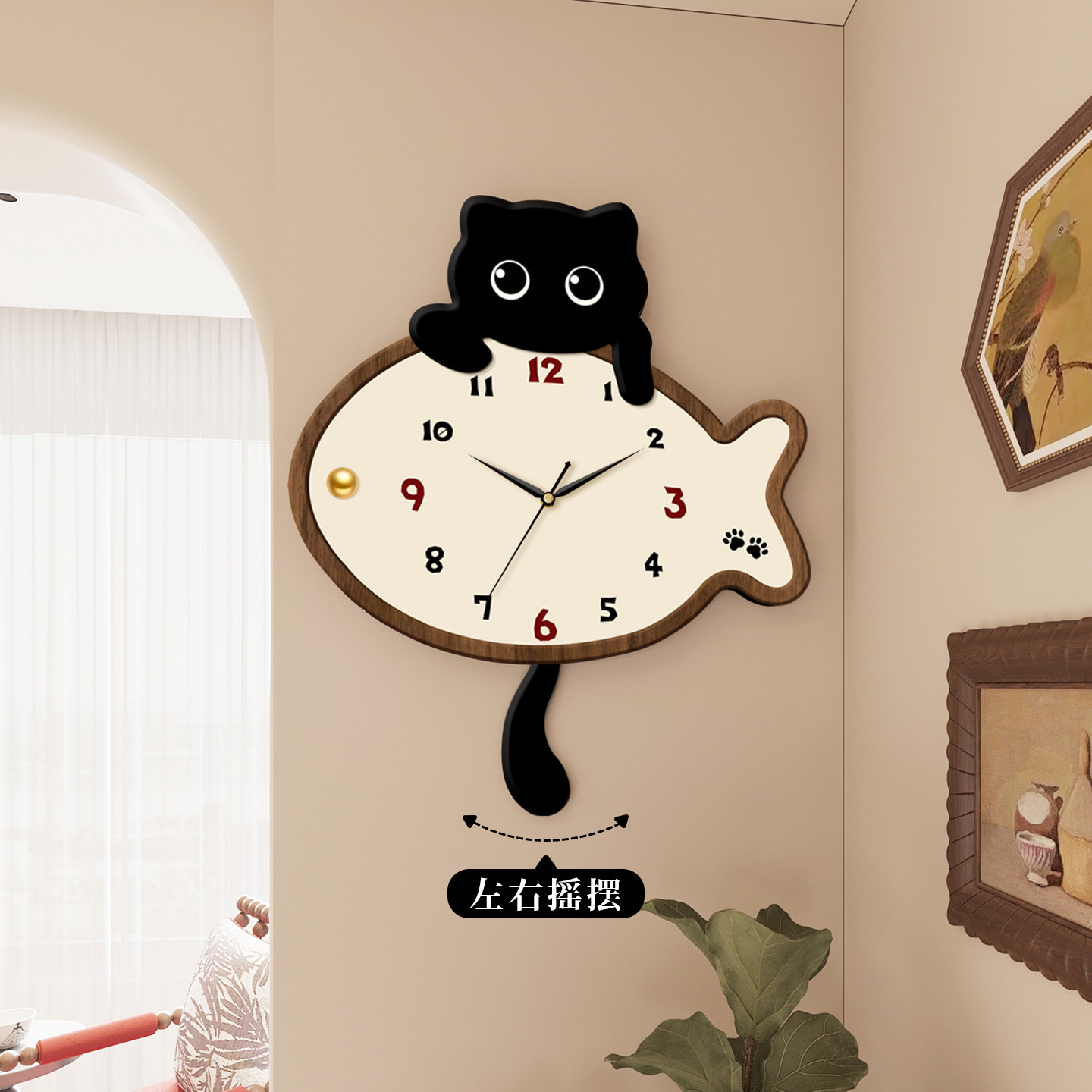 猫咪艺术钟表挂钟免打孔静音挂表