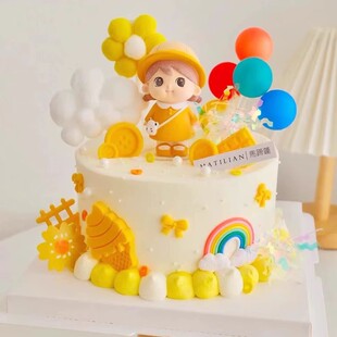 小黄人蛋糕装饰摆件雨衣女孩男孩幼儿园戴黄帽背书包小朋友插件
