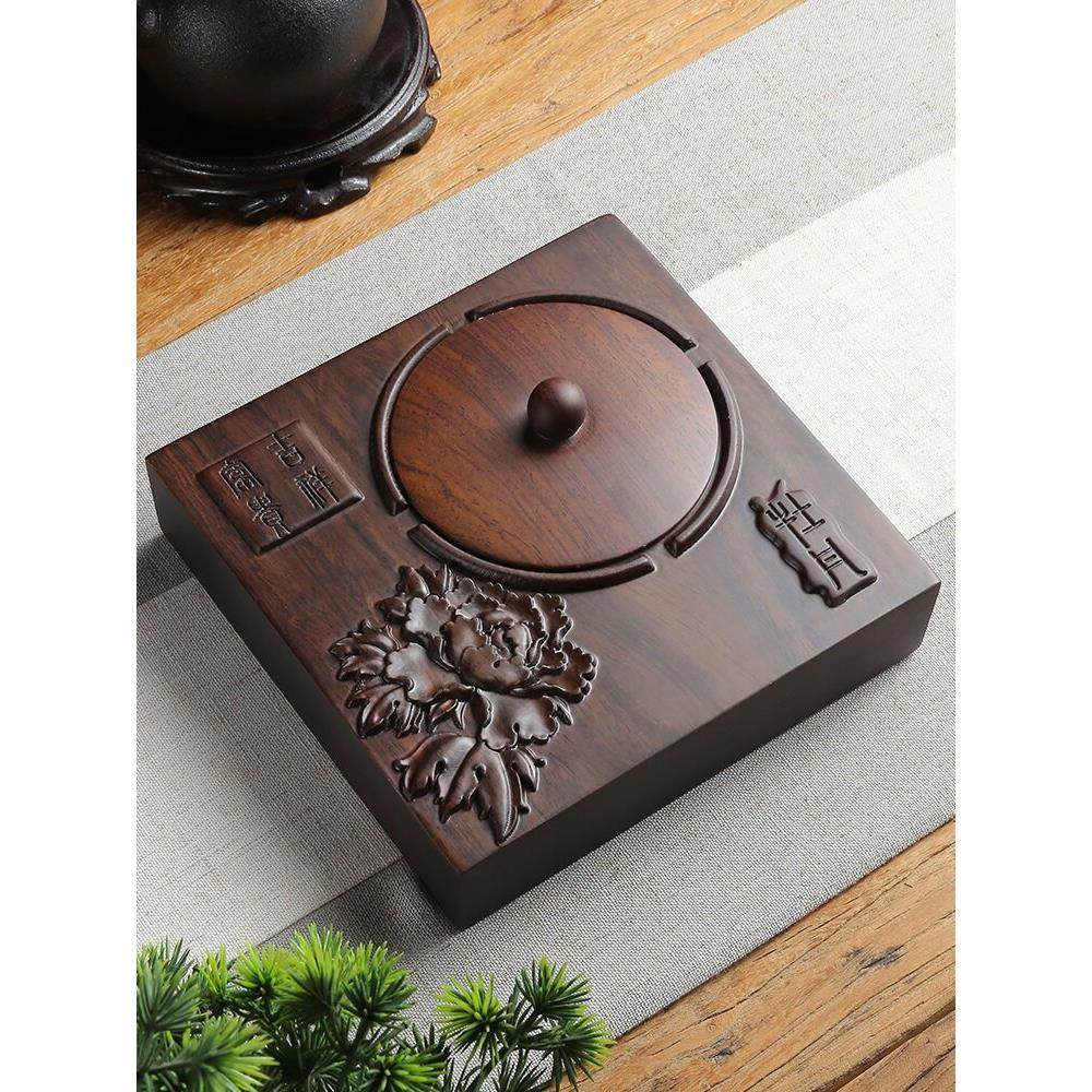复古中式烟灰缸实木带盖烟缸家用办公室客厅防摔黑檀木烟灰缸大气