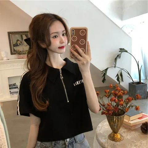 小众翻领t恤拉链短款上衣polo女宽松设计感领短袖纯棉ins夏季