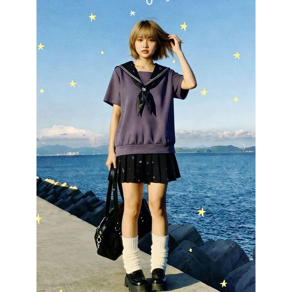 音符轨迹 夏季新款日系甜美jk校供感甜美短袖假两件海军领连衣裙