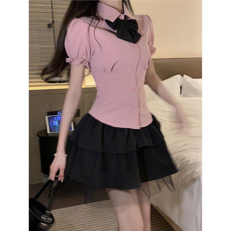 小个子套装学院风短裙半身裙夏季裙子日系JK制服短款衬衫女三件套
