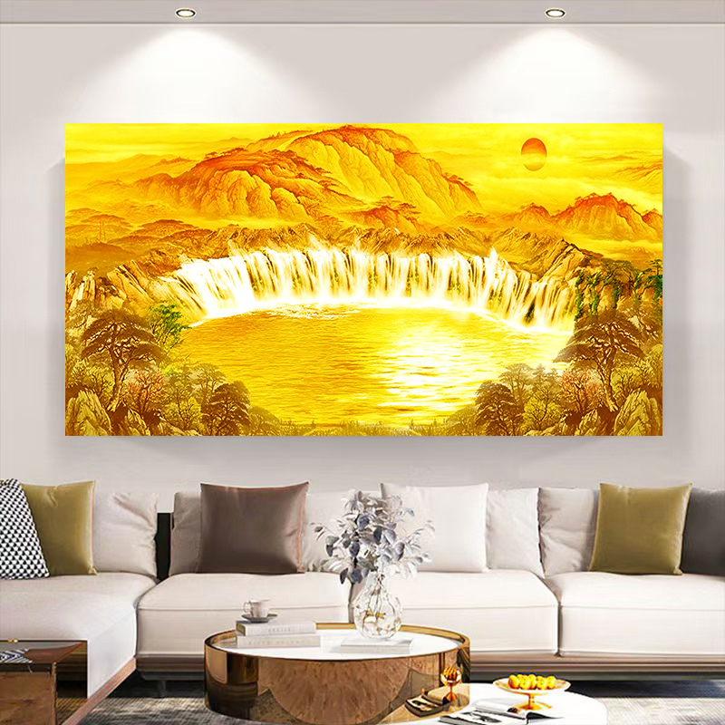 日出金色装饰画流水生财贴画聚财画八方来财聚宝盆挂画山水自粘画