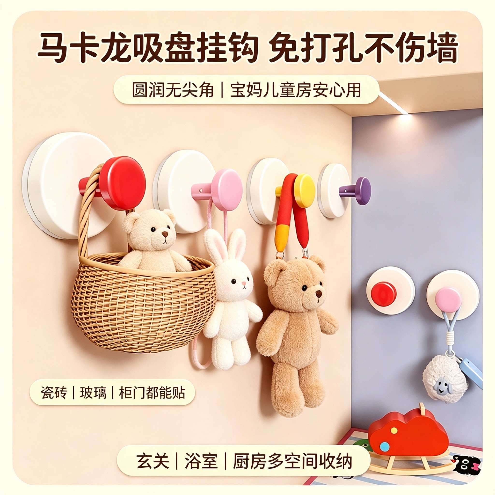 吸盘玄关挂钩稳固承重粘胶免打孔入户门口放钥匙好物帽子置物粘贴