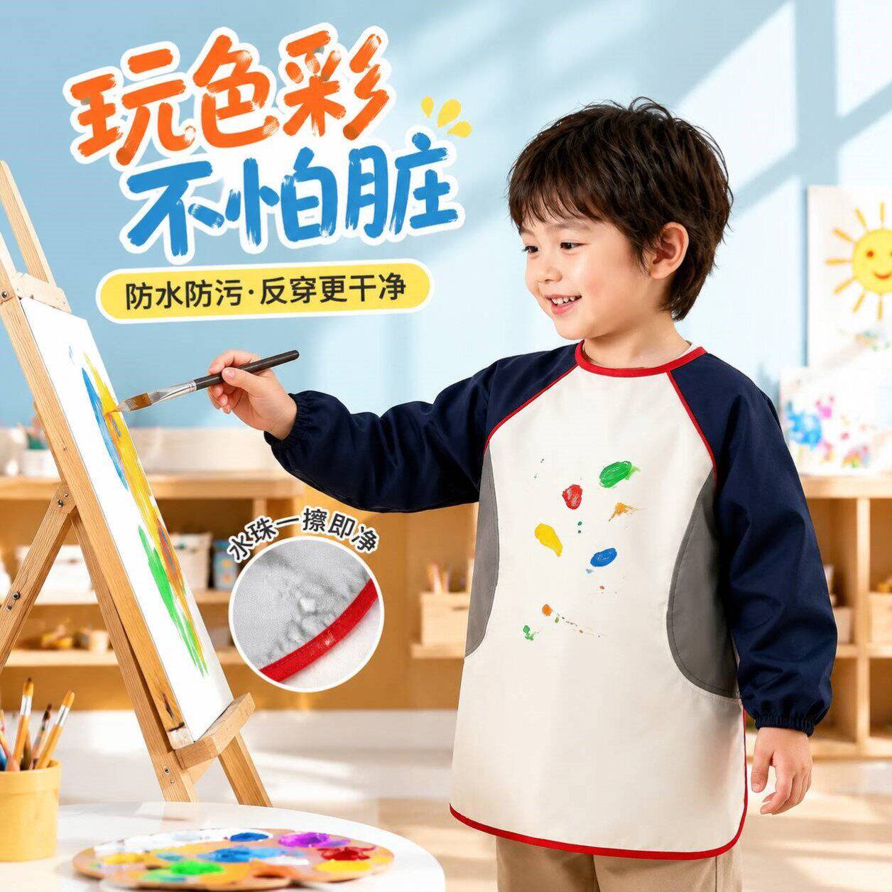 反穿衣幼儿园美术课罩衣宝宝绘画防水防油围裙儿童画画衣衣服罩衣