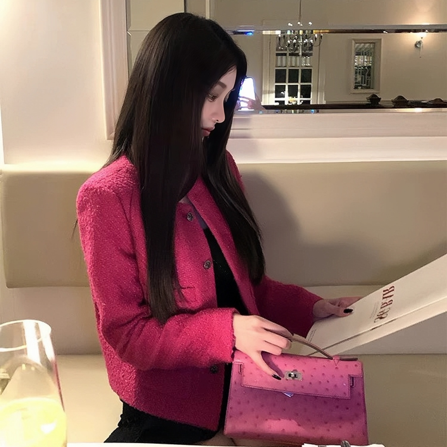 高端名媛玫红色小香风短款外套女