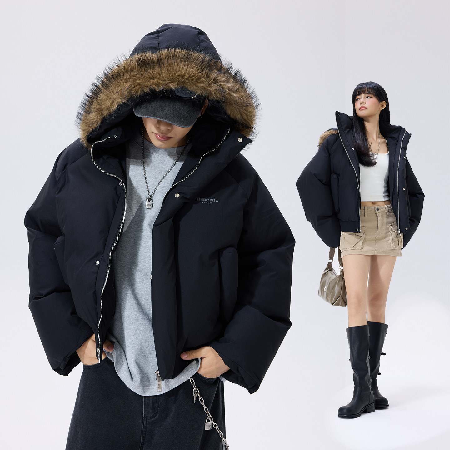 Remedy 毛领连帽棉服外套男女秋冬美式复古加厚派克服面包服棉衣