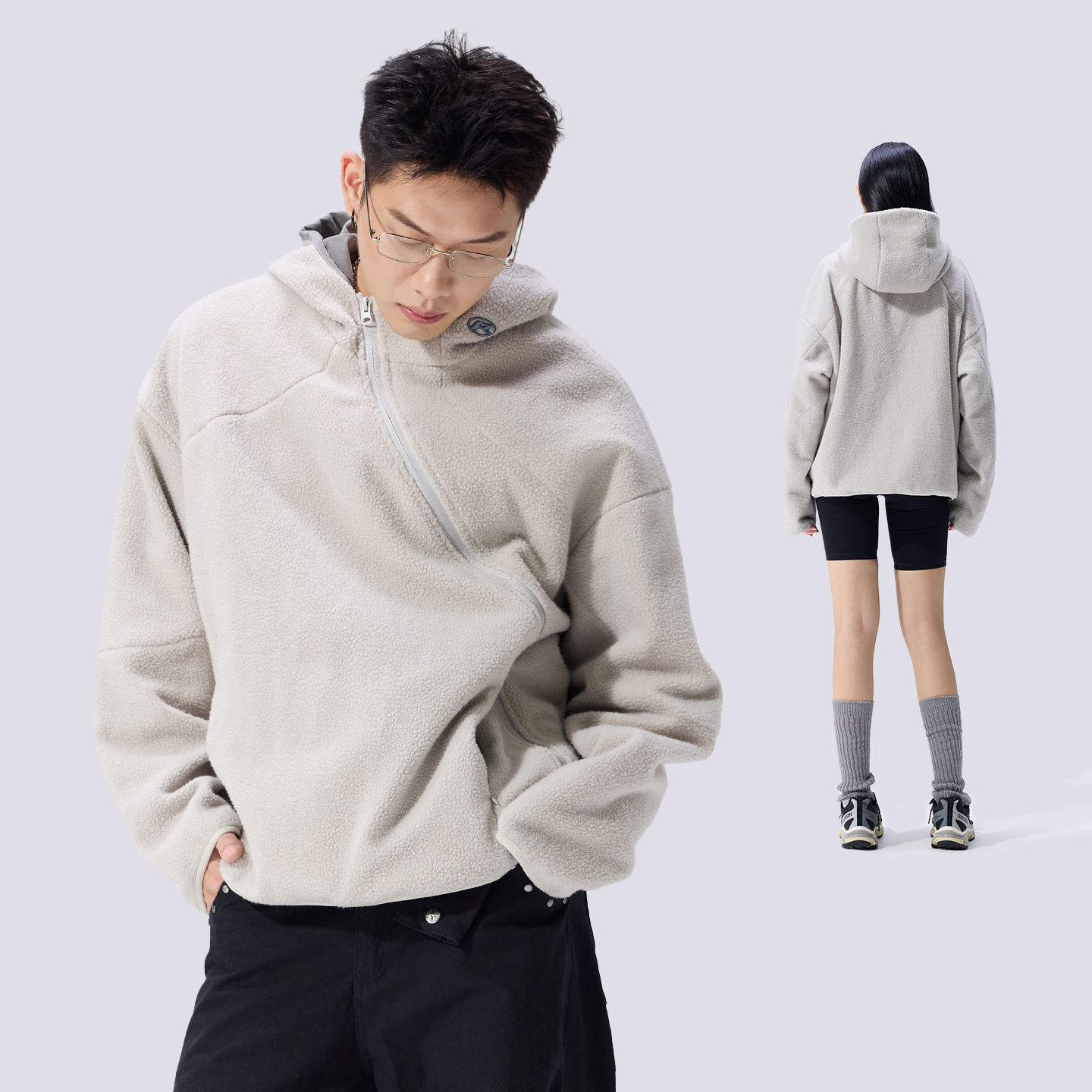 Remedy 摇粒绒斜拉链连帽卫衣男女秋冬新款宽松潮牌休闲情侣外套