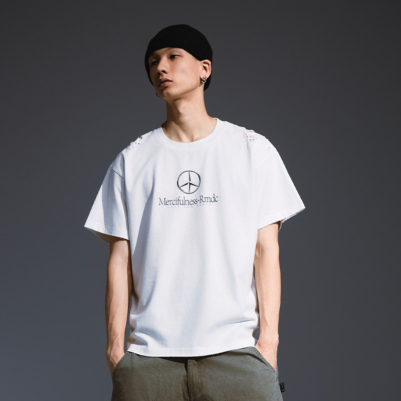 Remedy夏季国潮做旧破洞boxy版型体恤美式潮牌宽松休闲短袖T恤男